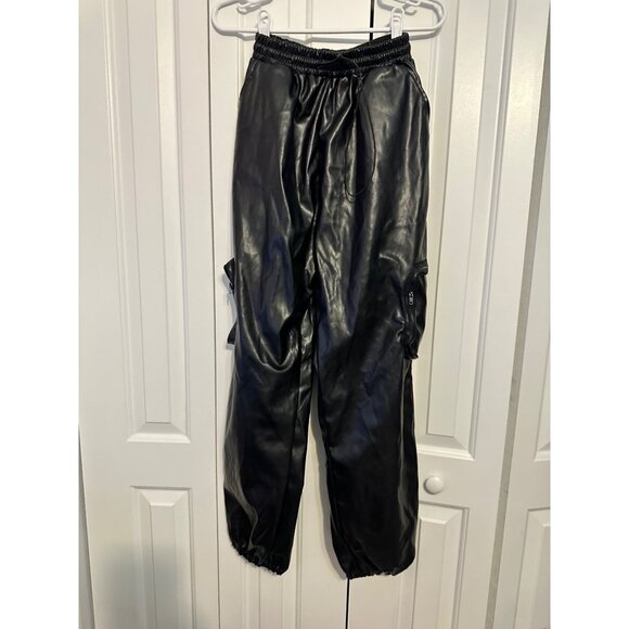 Black Faux Leather Cargo Jogger‎ Pants With Side Pockets & Elastic Waist 4 - Picture 2 of 8